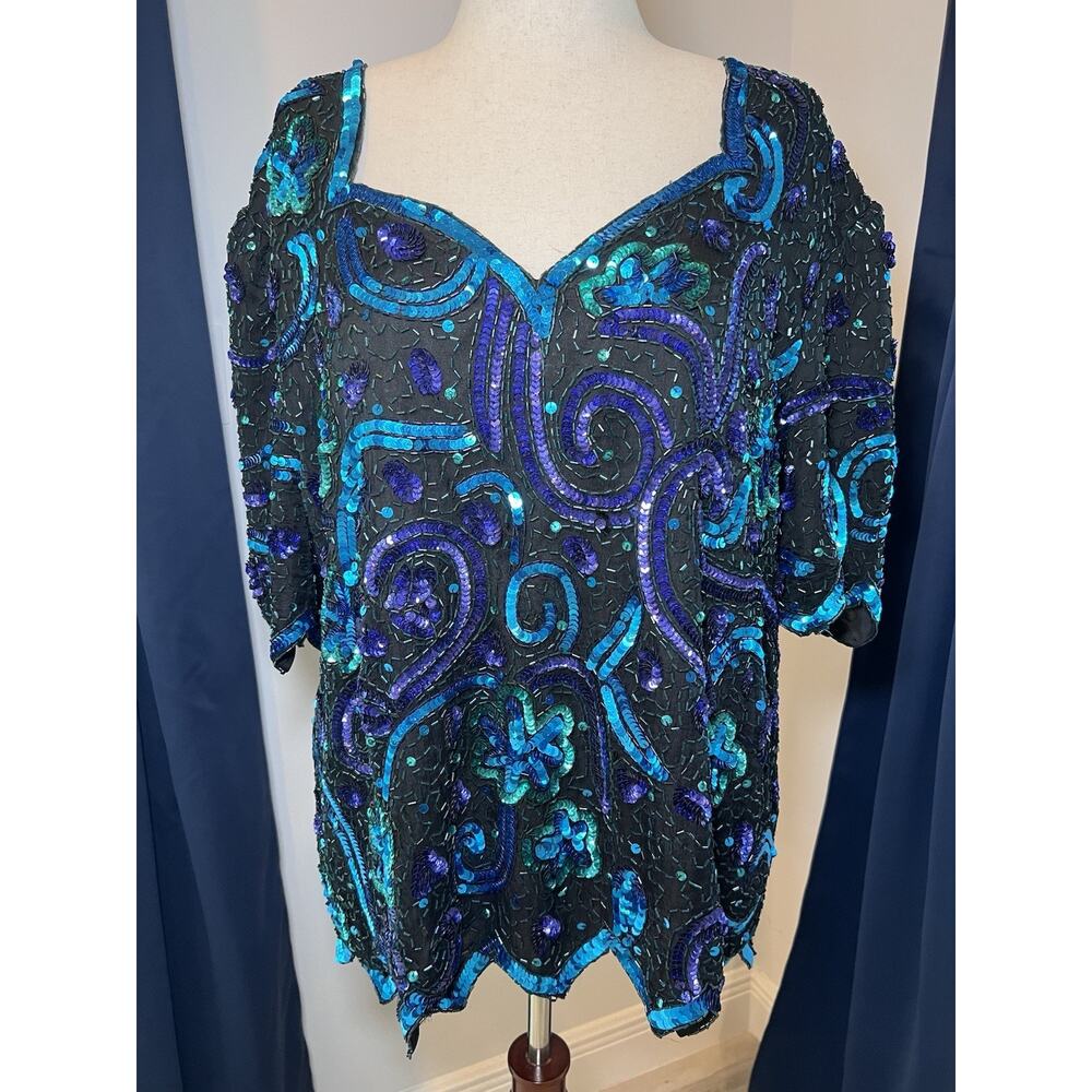LAURENCE KAZAR (3X) VTG Sequin Silk-Beaded Silk Top-Floral-Peacock-